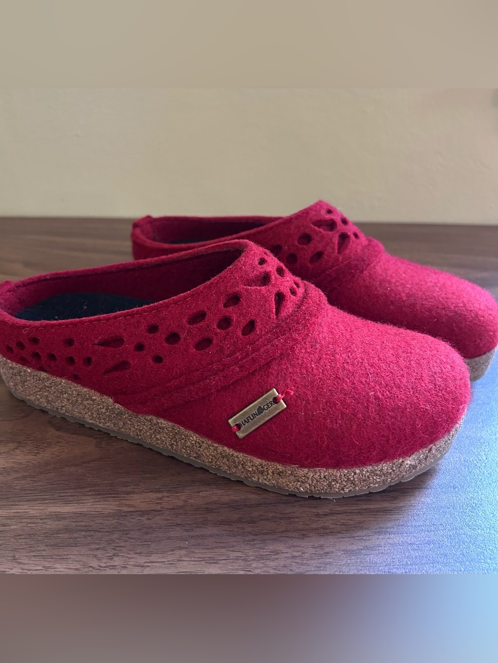 Haflinger Lacey Wool Clogs Chili Red Slide On Cork Sz 7.5(38) NEW